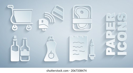 Set Sauce bottle, Meat packaging steak, Whiskey, Shopping list and pencil, POS terminal with credit card and cart icon. Vector