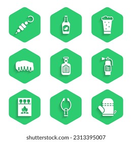 Set Sauce bottle, Meat tongs, Oven glove, Fire extinguisher, Matchbox and matches, Grilled pork bbq ribs, Glass of beer and shish kebab icon. Vector