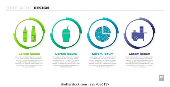 Set Sauce bottle, Milkshake, Pizza and Fast street food cart. Business infographic template. Vector