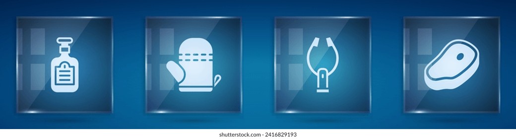 Set Sauce bottle, Oven glove, Meat tongs and Steak meat. Square glass panels. Vector