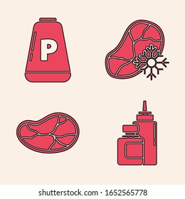 Set Sauce Flasche, Pfeffer, frisch gefrorenes Steakfleisch und Steak Fleisch Symbol. Vektorillustration