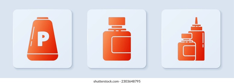 Set Sauce bottle, Pepper and Sauce bottle. White square button. Vector