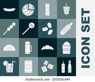 Set Sauce bottle, Popcorn in box, French hot dog, Chocolate bar, Lollipop, Meatballs on wooden stick, Hotdog sandwich and Chicken nuggets icon. Vector