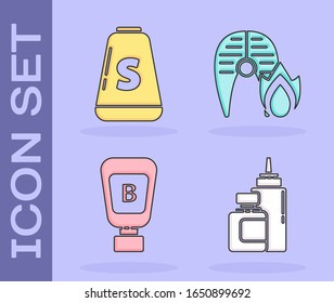 Set Sauce bottle, Salt, Sauce bottle and Grilled fish steak and fire flame icon. Vector