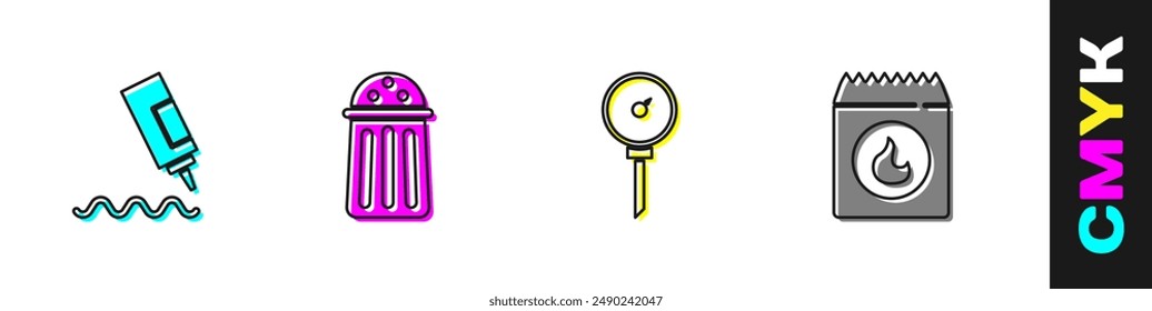 Set Sauce bottle, Salt, Kitchen thermometer and Barbecue coal bag icon. Vector