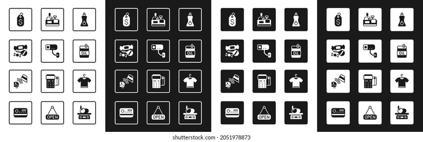 Set Sauce bottle, Security camera, Candy, Price tag with dollar, Bottle of olive oil, Cashier at cash register, T-shirt and POS terminal credit card icon. Vector