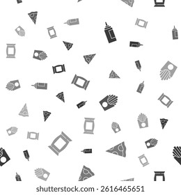Set Sauce bottle, Slice of pizza, Potatoes french fries in box and Bag or packet potato chips on seamless pattern. Vector