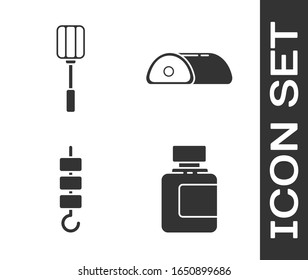 Set Sauce bottle, Spatula, Grilled shish kebab on skewer stick and Meat icon. Vector