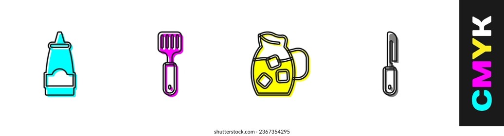 Set Sauce bottle, Spatula, Jug glass with water and Knife icon. Vector