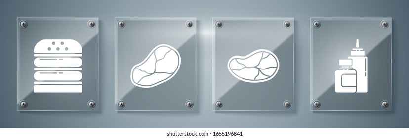 Set Sauce bottle, Steak meat, Steak meat and Burger. Square glass panels. Vector