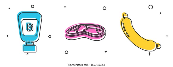 Set Sauce bottle, Steak meat and Sausage icon. Vector