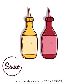 set of sauce bottle with text using colored doodle or hand drawn style on white background