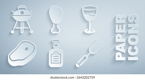 Set Sauce bottle, Wine glass, Steak meat, Barbecue fork, Chicken leg and grill icon. Vector