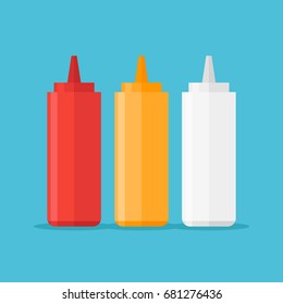 Set of sauce bottles isolated on blue background. Ketchup, mustard and mayonnaise. Vector illustration.