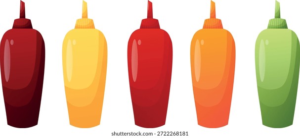 Conjunto de recipientes de salsa, hermosas botellas de ketchup, mostaza y otras salsas para cocinar