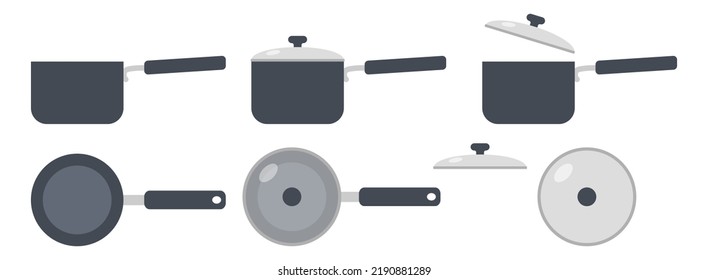 Set of sauce pans clipart vector illustration. Sauce pan sign flat vector design. Simple saucepan with and without lid icon. Saucepans cartoon clipart. Kitchen tool concept symbol