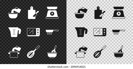 Set Saucepan, Cutting board and knife, Scales, Cooking pot, Kitchen whisk, with bowl, Measuring cup and Microwave oven icon. Vector