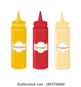 Set sauces bottles mustard, ketchup, mayonnaise isolated on white background. For fast food, bbq, hot dog, grill, pizza barbecue. Cartoon flat design. Vector illustration.