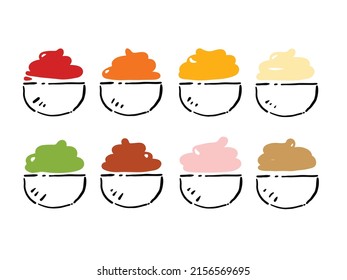 Salsas en un tazón,
Ilustración vectorial dibujada a mano.