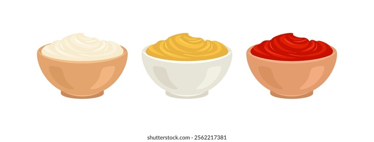 Set of sauces in bowls isolated on white background. Vector cartoon flat illustration of red tomato sauce, mustard and Mayonnaise. 