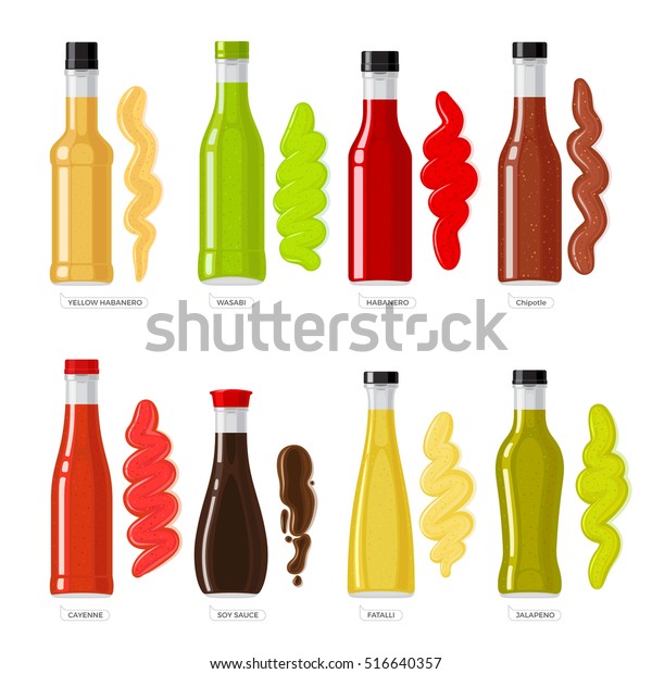 ソースのセット ドレッシングの瓶が違う 瓶の形や 大きさが様々 赤い背景に黄色 わさび チポテル ケイエンヌ しょうゆ ファタリーヤラペノ 白い背景 ベクターイラスト のベクター画像素材 ロイヤリティフリー