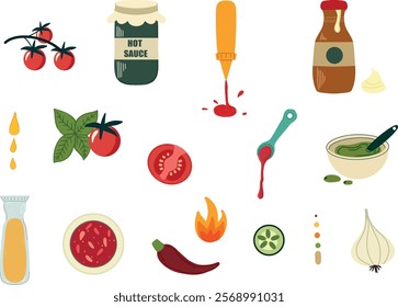 Set of sauces and dressings. Ketchup drops decent kit. Natural ingredients are used for spices, dips, and burning vegetables