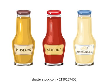Juego de salsas en botellas de vidrio. Ilustración vectorial de mayonesa, ketchup y mostaza en estilo plano de caricatura.