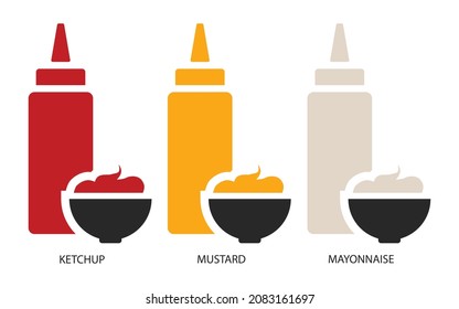A set of sauces icons. Three main types of sauce. Ketchup, mayonnaise and mustard. Vector illustration isolated on a white background for design and web.