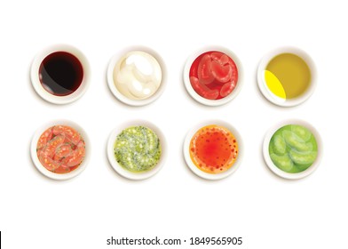 Set of sauces - ketchup, mayonnaise, mustard soy sauce, bbq sauce, pesto, chimichurri, mustard grains and pomegranate sauce vector illustration isolated on white background