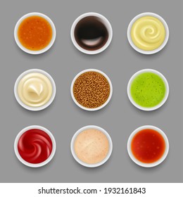 Set sauces. Liquid syrup in round bowls top view mustard tomato ketchup wasabi mayonnaise chili decent vector illustrations realistic set