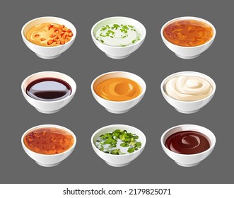 a set of sauces in neat white saucers. realistic stylized white saucers are filled with colorful colorful appetizing sauces