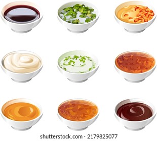 a set of sauces in neat white saucers. realistic stylized white saucers are filled with colorful colorful appetizing sauces