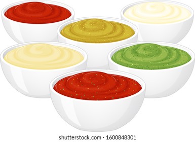 set of sauces on white background. Cartoon style. Vector illustration. Isolated on white. Object for packaging, advertisements, menu. Ketchup, mayonnaise, mustard, wasabi, sour cream.