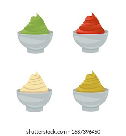 Set of sauces on white background. Vector illustration. Object for packaging, advertisements, menu. Ketchup, mayonnaise, mustard, wasabi