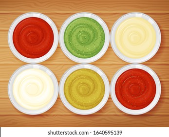 set of sauces on wood background. Cartoon style. Vector illustration. Object for packaging, advertisements, menu. Ketchup, mayonnaise, mustard, wasabi, sour cream.