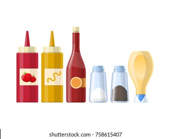 Set Of Sauces, Spices, Condiments Ketchup, Mustard, Salt, Black Pepper, Mayonnaise, Butter, In Beautiful Realistic Bottles, Packages. Condiments And Sauces For Kitchen Cooking Vector Illustration