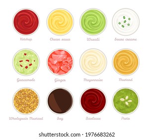 Set of sauces top view. Vector illustration of ketchup, cheese sauce, wasabi, sour cream, guacamole, ginger, mayonnaise, mustard, soy, barbecue, pesto and whole grain mustard. Cartoon flat condiment.