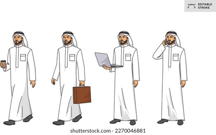 Set of Saudi Arab businessman character in different poses isolated on white background. Vector illustration in a flat style. Editable strokes.