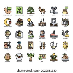 Set of Saudi Arabia symbol thin line and pixel perfect icons for any web and app project. 