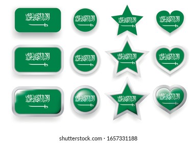 Set of Saudi Arabia vector labels square button, circle button, star and heart buttons in flag colors green, white for flyer, poster or any holiday design