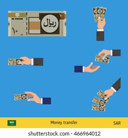 Set of Saudi Arabian Riyal. Holding, throwing Saudi Arabian Riyal.