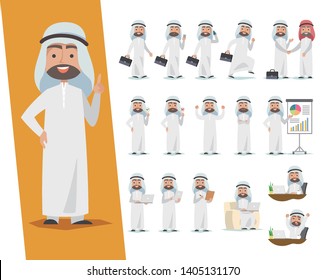 Set of Saudi businessman. Arab man character design with a different poses on a white background.