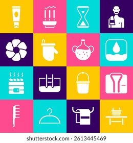 Set Sauna bench with bucket, Bathrobe, Water drop, hourglass, mittens, Flower, Cream or lotion cosmetic tube and Essential oil bottle icon. Vector