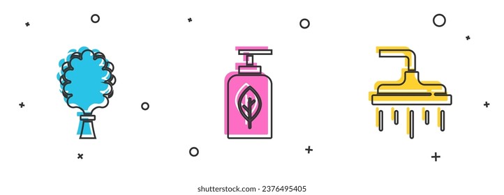 Set Sauna broom, Essential oil bottle and Shower head icon. Vector