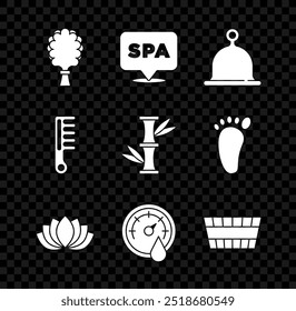 Conjunto de escoba de sauna, salón de spa, sombrero, flor de loto, termómetro, cubo, cepillo de pelo y icono de bambú. Vector