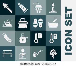 Set Sauna broom, thermometer, Mortar and pestle, Shower, brush, Campfire, Honey dipper stick and slippers icon. Vector