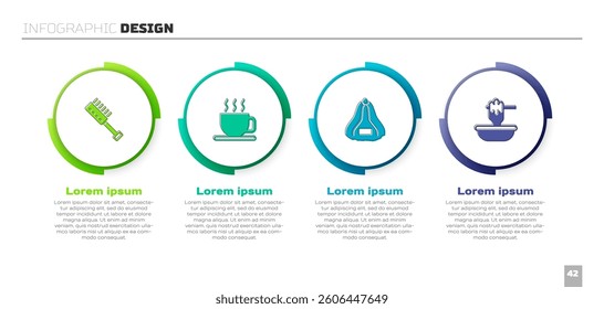Set Sauna brush, Cup of tea, hat and Honey dipper stick with bowl. Business infographic template. Vector