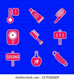 Set Sauna brush, Essential oil bottle, Washcloth, thermometer, Hairbrush and  icon. Vector