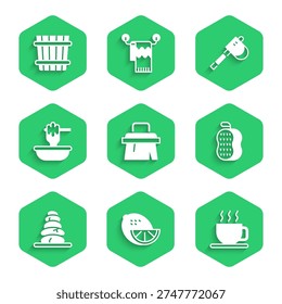 Set Sauna brush, Lemon, Cup of tea, Washcloth, Stack hot stones, Honey dipper stick with bowl, Wooden axe and bucket icon. Vector