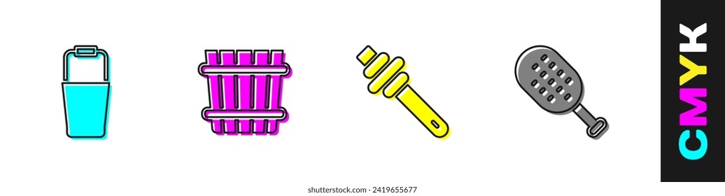 Set Sauna bucket, Honey dipper stick and brush icon. Vector